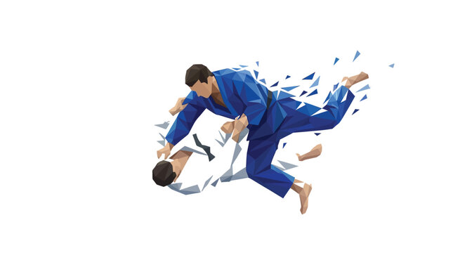 Low poly vector illustration of two professional judo athletes performing a dynamic martial arts throw