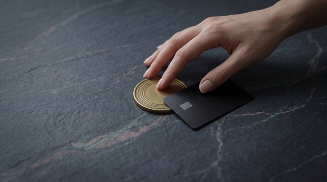 Person holding blank black payment card beside minimalist gold coin on dark textured stone surface with displays person hand placing plain black