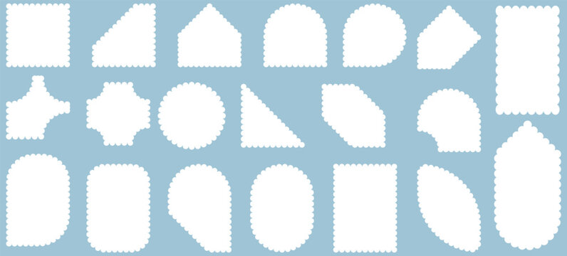 Cute white cloud frames set, geometric arch and oval shapes with scallop edges. Modern aesthetic decorative fluffy banners, playful zigzag edge badge template vector 