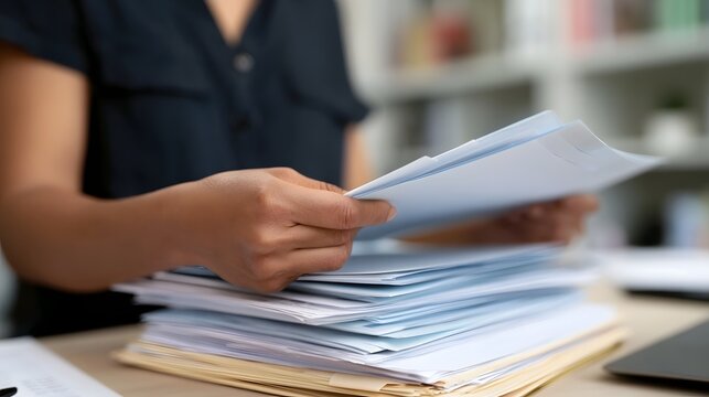 A person s hands sorting through a stack of documents on a desk in an office setting with blurred background shelves