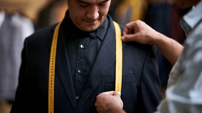 A man is being measured for a tailored suit using a yellow measuring tape around his shoulders