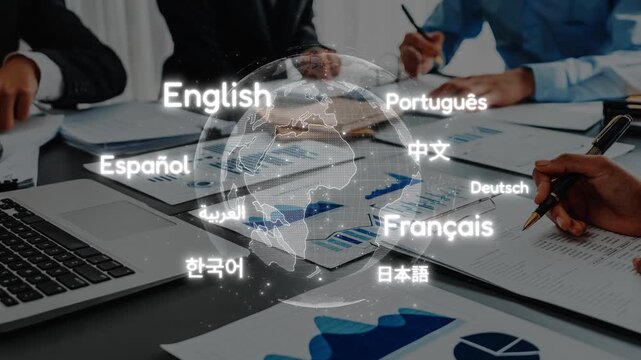 A collaborative business meeting showcasing hands engaged in discussions with multilingual texts, charts, and documents on a modern conference table, illustrating global communication. Raster
