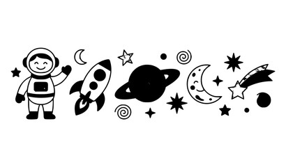 Outer space universe vector border set with cute astronaut waving rocket ship planet saturn crescent moon and stars isolated on white background for kids design © Mdanowrul