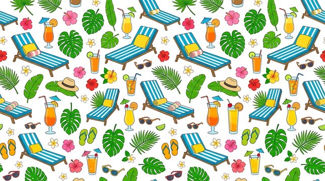 Seamless tropical summer pattern with beach chairs and cocktails