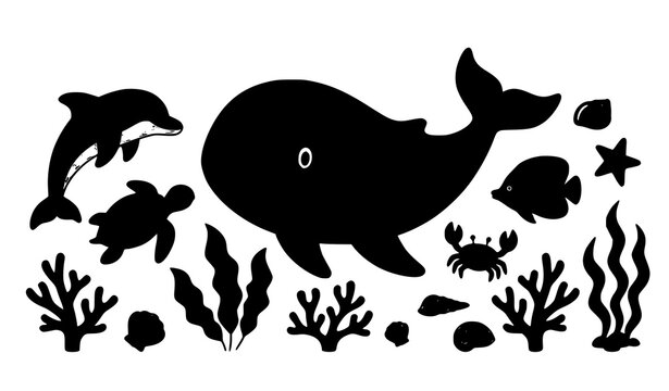 Sea life marine animals silhouette vector set with whale dolphin turtle fish crab starfish coral reef and seaweed isolated on white background for ocean design