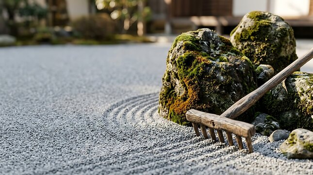 Traditional wooden rake on raked gravel in a japanese zen garden