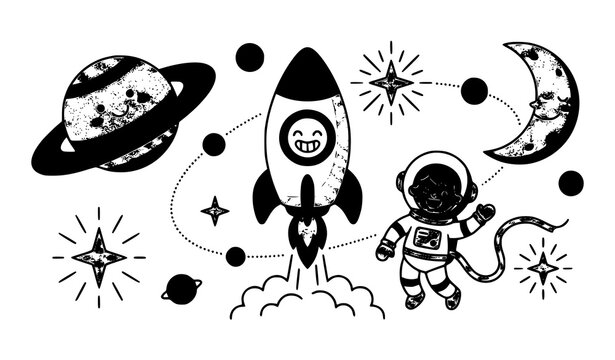 Outer space universe vector element set with cute astronaut rocket ship launch planet saturn crescent moon and twinkling stars isolated on white background for design