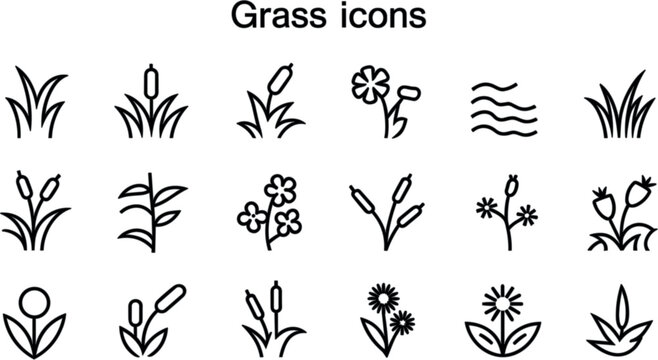 Flat design grass icon set with green forest foliage and wetland cattail reed botanical vector elements