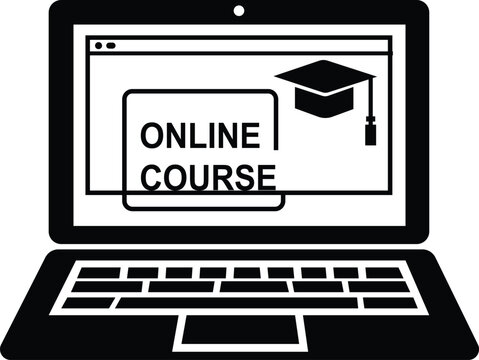 Black and white laptop icon featuring a graduation cap symbol representing an online course for digital learning studies on a clean and simple isolated background

