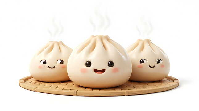 Three adorable steaming bao buns with happy faces on a bamboo mat, isolated on a white background.