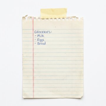 Handwritten grocery list on notebook paper with handwriting, shopping