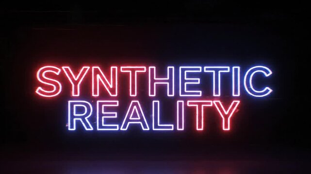 Synthetic Reality Neon Text Sign Animation with Digital Glitch Effect