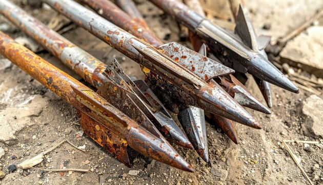 Close-up of rusty, old hunting arrowheads and shafts lying on the ground, historical artifacts