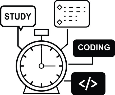Minimalist black and white line art icon showing a timer clock connected to study and coding elements representing time management for software developers and students
