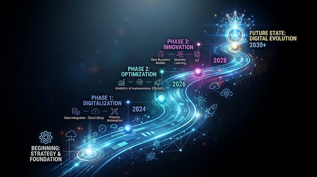 Digital evolution roadmap showing business strategy phases from digitalization to innovation towards future state 2030 and beyond