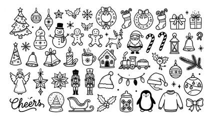 Set of hand drawn cute christmas doodles and festive holiday winter icons