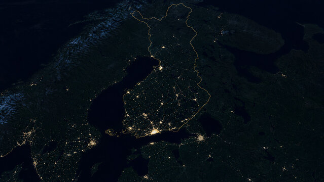 Finland at night from orbit with glowing cities and urban light networks across the country, Baltic coastline and the curved horizon of Earth