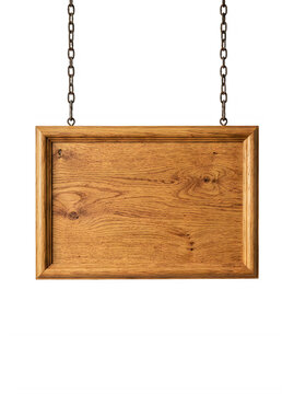 Wooden sign with frame hanging from chains on black background