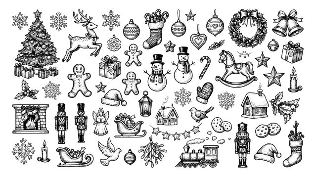 Set of hand drawn christmas icons and festive holiday elements collection