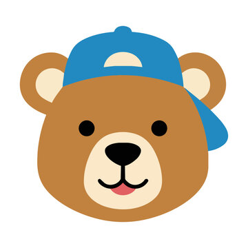 Friendly cartoon bear mascot head wearing a backwards baseball cap isolated on a white background, playful character design concept