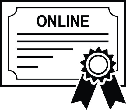 Minimalist black and white line art icon representing an online certification diploma with a decorative seal ribbon for digital education and academic achievement award concepts
