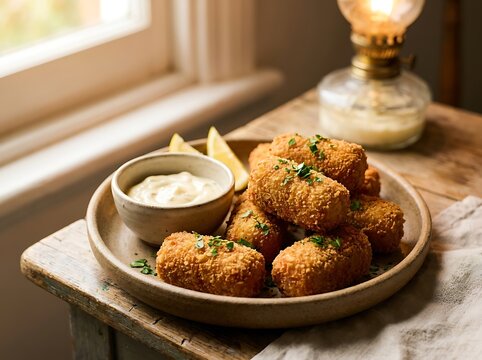 Delicious crispy fried vegetable croquettes served with a creamy green dipping sauce on a wooden plate. Cuban Cuisine 