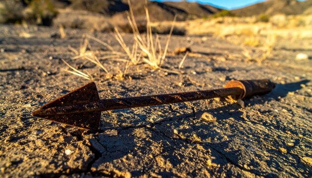 Close-up of a rusty, old arrow lying on the cracked, dry ground in a desert landscape under a clear blue sky