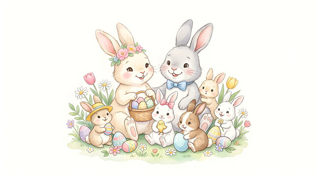 Adorable Easter bunny family with baby rabbits, soft pastel colors, children's book watercolor style, isolated on white background