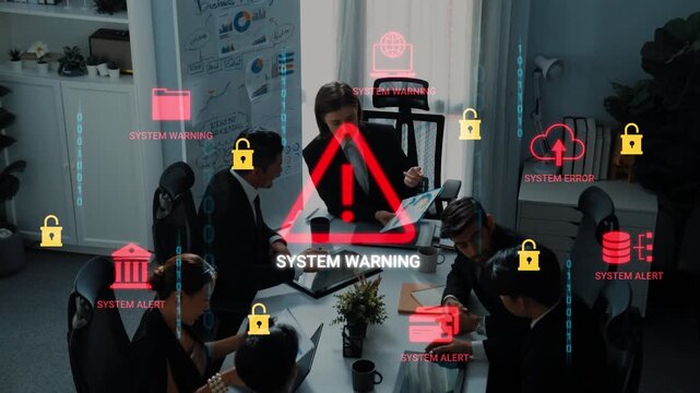 Business professionals facing digital security issues during a meeting with alerts depicting system warning and errors in a modern office environment Gluon.