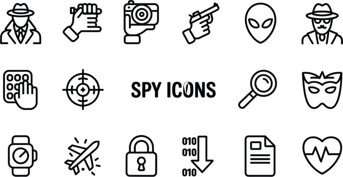 Flat design spy icon set with cyan blue corporate cybersecurity secret agent detective and data encryption vector elements