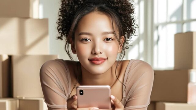 Woman portrait smartphone curly hair natural light by window, young face with soft smile indoors, beige shirt, hand shoulder, moving box room