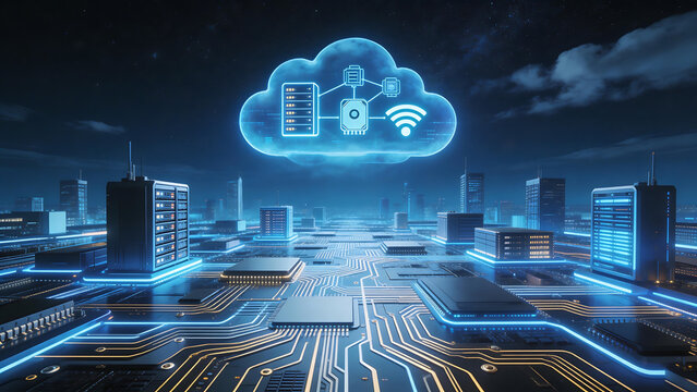 Futuristic city with cloud computing