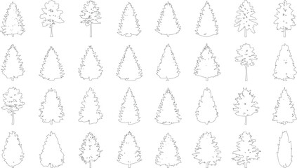 Variety of coniferous evergreen trees in simple outline sketches for natural design projects on checkered background. © MD ALI STOCK