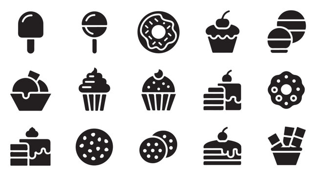 Desserts black silhouette icon set. sweet food vector collection with candy cake cookie.