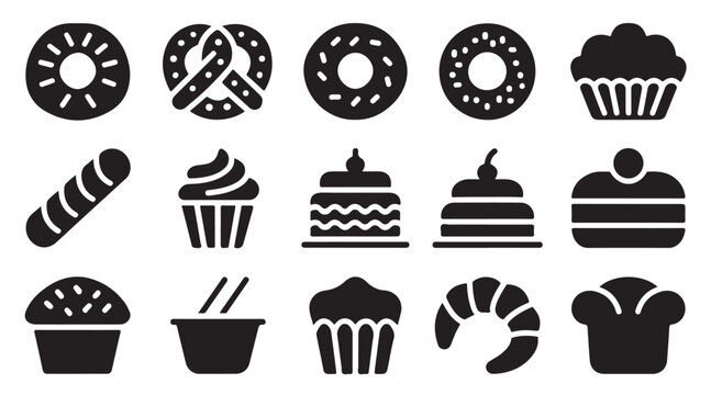 Bakery black silhouette icon set. bread donut pretzel cupcake vector collection.
