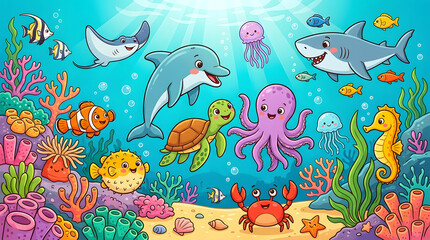 Obraz premium Vibrant Underwater Scene Featuring a Variety of Marine Life Including a Dolphin, Shark, Turtle, Octopus, and Seahorse Amongst Coral Reefs