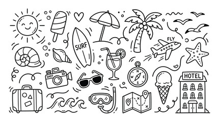 Fototapeta premium Collection of Hand Drawn Summer Vacation Icons and Travel Doodle Illustrations