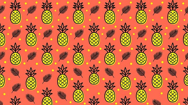 Seamless tropical pattern with yellow pineapples and palm leaves
