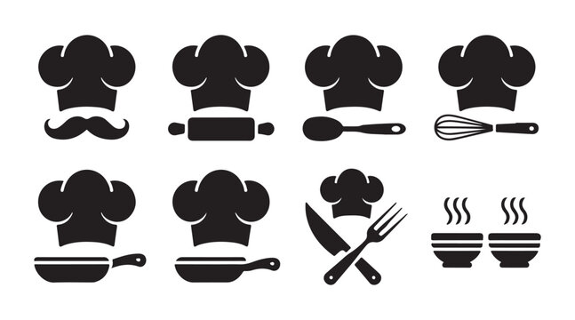 Chef hat logo variations featuring kitchen utensils like whisks pans and crossed cutlery set.