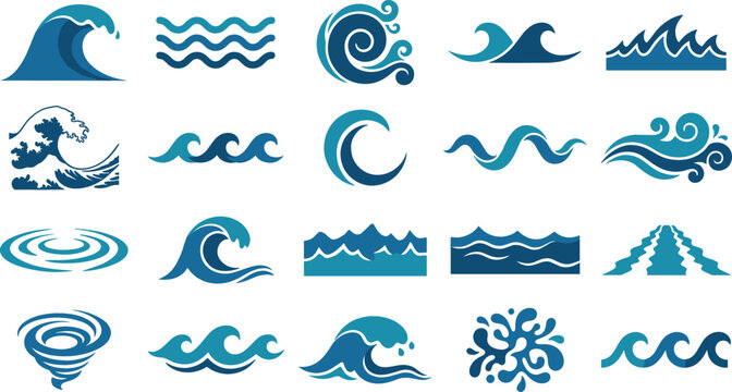 Ocean Wave Icon Vector Silhouette Set with Minimalist Sea Splashes and Water Ripples for Surfing Logo and Nautical Graphic Designs