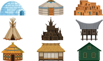 Traditional vernacular architecture and indigenous houses collection set with igloo yurt pueblo teepee stave church stilt hut minka log cabin vector © Mahamuda Studio 