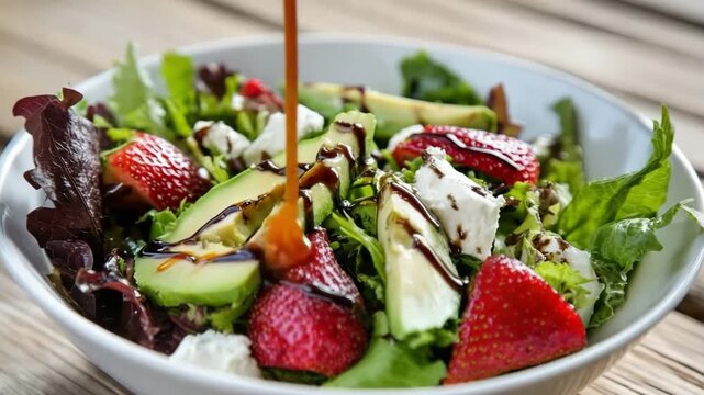 Fresh strawberry avocado salad with balsamic glaze in ceramic bowl on wood table. Bowl of mixed greens with strawberries avocado goat cheese and balsamic glaze concept of healthy eating