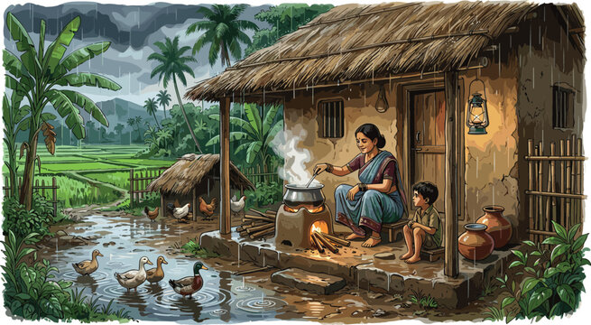 South Asian Rural Village Scene with Indian Woman Cooking on Mud Stove Under Thatched Hut Roof During Monsoon Rain Vector Illustration Artwork
