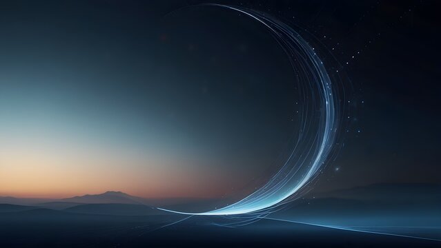 Futuristic sci-fi background with a glowing neon blue light arc over a dark horizon