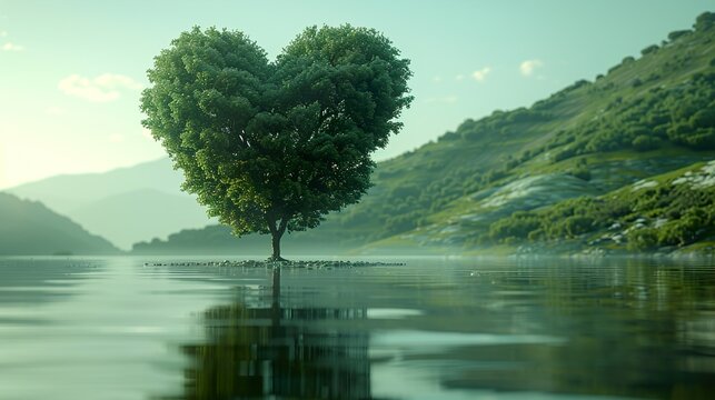 Beautiful Tree with Heart Shaped Leaves in Peaceful Green Field Landscape