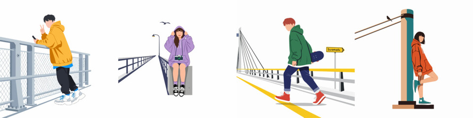 Fototapeta premium Collection of minimalist flat illustrations featuring diverse young people in casual hoodies posing and walking on bridges and urban structures.
