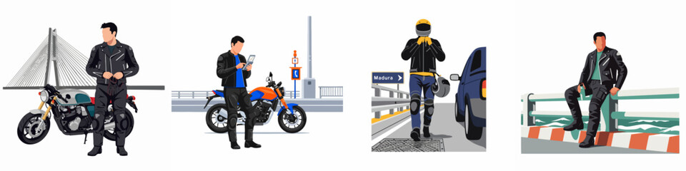 Fototapeta premium Set of flat vector illustrations depicting a male motorcyclist in black leather gear with his bike in various road and bridge settings.