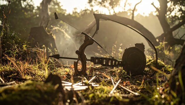 Close-up of a vintage compound bow and arrow lying on the forest floor in dappled sunlight