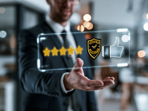 Businessman Showing Five Star Rating and Verified Quality Icon