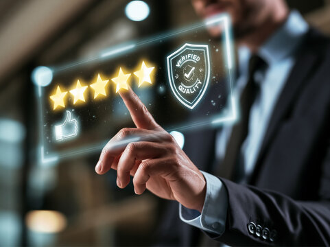 Businessman Finger Touching Five Star Verified Quality Icon